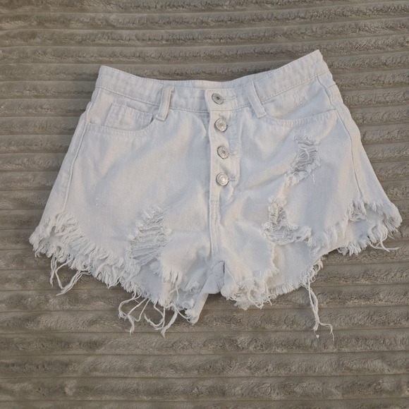 Pants - White Distressed Denim Shorts Size S 1/3 Button Fly Frayed Cutoff Raw Hem Womens